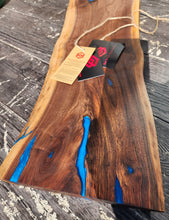 Load image into Gallery viewer, CH252 - 32" x 8.5" Live Edge Black Walnut with Ocean Blue Epoxy Charcuterie Board / Serving Tray