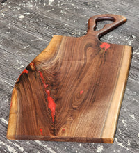 Load image into Gallery viewer, CH250 - 29" x 14.25" Live Edge Black Walnut with Fire Red Epoxy Charcuterie Board / Serving Tray