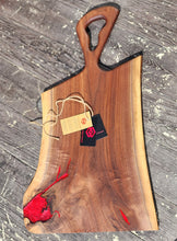 Load image into Gallery viewer, CH251 - 28" x 16" Live Edge Black Walnut with Fireworks Red Epoxy Charcuterie Board / Serving Tray