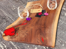 Load image into Gallery viewer, CH251 - 28" x 16" Live Edge Black Walnut with Fireworks Red Epoxy Charcuterie Board / Serving Tray