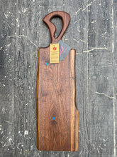 Load image into Gallery viewer, CH243 - 29.5" x 9" Live Edge Black Walnut with Cobalt Blue Epoxy Charcuterie Board / Serving Tray