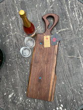 Load image into Gallery viewer, CH243 - 29.5" x 9" Live Edge Black Walnut with Cobalt Blue Epoxy Charcuterie Board / Serving Tray