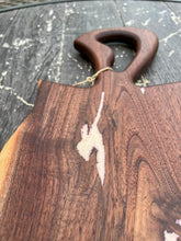 Load image into Gallery viewer, CH242 - 24" x 9" Live Edge Black Walnut with Pearl Red Epoxy Charcuterie Board / Serving Tray