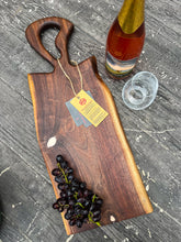 Load image into Gallery viewer, CH242 - 24" x 9" Live Edge Black Walnut with Pearl Red Epoxy Charcuterie Board / Serving Tray