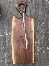 Load image into Gallery viewer, CH240 - 29" x 11" Live Edge Black Walnut with Pearl Blue Epoxy Charcuterie Board / Serving Tray