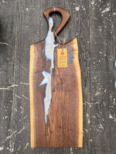 Load image into Gallery viewer, CH240 - 29" x 11" Live Edge Black Walnut with Pearl Blue Epoxy Charcuterie Board / Serving Tray