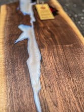 Load image into Gallery viewer, CH240 - 29" x 11" Live Edge Black Walnut with Pearl Blue Epoxy Charcuterie Board / Serving Tray