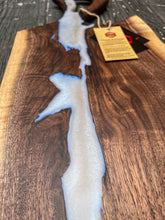 Load image into Gallery viewer, CH240 - 29" x 11" Live Edge Black Walnut with Pearl Blue Epoxy Charcuterie Board / Serving Tray