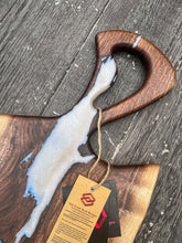 Load image into Gallery viewer, CH240 - 29" x 11" Live Edge Black Walnut with Pearl Blue Epoxy Charcuterie Board / Serving Tray