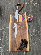 Load image into Gallery viewer, CH240 - 29" x 11" Live Edge Black Walnut with Pearl Blue Epoxy Charcuterie Board / Serving Tray