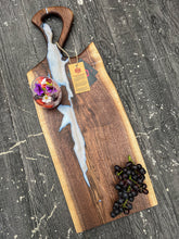 Load image into Gallery viewer, CH240 - 29" x 11" Live Edge Black Walnut with Pearl Blue Epoxy Charcuterie Board / Serving Tray
