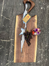 Load image into Gallery viewer, CH240 - 29" x 11" Live Edge Black Walnut with Pearl Blue Epoxy Charcuterie Board / Serving Tray