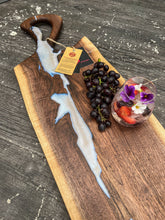 Load image into Gallery viewer, CH240 - 29" x 11" Live Edge Black Walnut with Pearl Blue Epoxy Charcuterie Board / Serving Tray