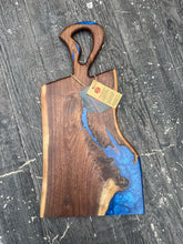 Load image into Gallery viewer, CH241 - 24" x 12" Live Edge Black Walnut with Cobalt Blue Epoxy Charcuterie Board / Serving Tray