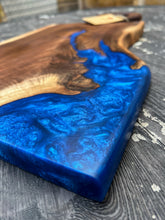 Load image into Gallery viewer, CH241 - 24" x 12" Live Edge Black Walnut with Cobalt Blue Epoxy Charcuterie Board / Serving Tray