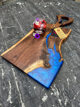 Load image into Gallery viewer, CH241 - 24" x 12" Live Edge Black Walnut with Cobalt Blue Epoxy Charcuterie Board / Serving Tray