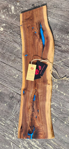 CH252 - 32" x 8.5" Live Edge Black Walnut with Ocean Blue Epoxy Charcuterie Board / Serving Tray