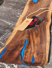 Load image into Gallery viewer, CH252 - 32&quot; x 8.5&quot; Live Edge Black Walnut with Ocean Blue Epoxy Charcuterie Board / Serving Tray
