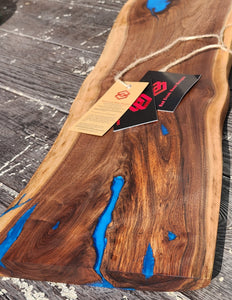 CH252 - 32" x 8.5" Live Edge Black Walnut with Ocean Blue Epoxy Charcuterie Board / Serving Tray