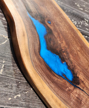 Load image into Gallery viewer, CH252 - 32&quot; x 8.5&quot; Live Edge Black Walnut with Ocean Blue Epoxy Charcuterie Board / Serving Tray
