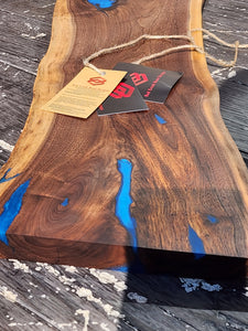 CH252 - 32" x 8.5" Live Edge Black Walnut with Ocean Blue Epoxy Charcuterie Board / Serving Tray