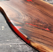 Load image into Gallery viewer, CH250 - 29&quot; x 14.25&quot; Live Edge Black Walnut with Fire Red Epoxy Charcuterie Board / Serving Tray
