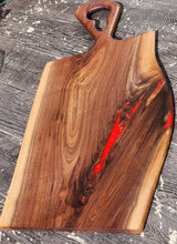 Load image into Gallery viewer, CH250 - 29&quot; x 14.25&quot; Live Edge Black Walnut with Fire Red Epoxy Charcuterie Board / Serving Tray
