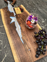 Load image into Gallery viewer, CH240 - 29&quot; x 11&quot; Live Edge Black Walnut with Pearl Blue Epoxy Charcuterie Board / Serving Tray
