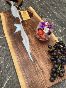 CH240 - 29" x 11" Live Edge Black Walnut with Pearl Blue Epoxy Charcuterie Board / Serving Tray