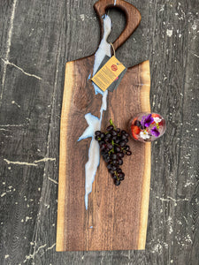 CH240 - 29" x 11" Live Edge Black Walnut with Pearl Blue Epoxy Charcuterie Board / Serving Tray