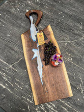 Load image into Gallery viewer, CH240 - 29&quot; x 11&quot; Live Edge Black Walnut with Pearl Blue Epoxy Charcuterie Board / Serving Tray
