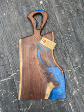 Load image into Gallery viewer, CH241 - 24&quot; x 12&quot; Live Edge Black Walnut with Cobalt Blue Epoxy Charcuterie Board / Serving Tray
