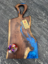 Load image into Gallery viewer, CH241 - 24&quot; x 12&quot; Live Edge Black Walnut with Cobalt Blue Epoxy Charcuterie Board / Serving Tray
