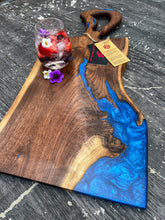 Load image into Gallery viewer, CH241 - 24&quot; x 12&quot; Live Edge Black Walnut with Cobalt Blue Epoxy Charcuterie Board / Serving Tray
