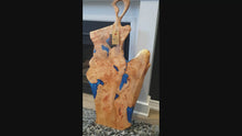 Load and play video in Gallery viewer, CH227 - 40&quot; x 20&quot; Live Edge Willow Wood with Blue Epoxy Charcuterie Board / Serving Tray
